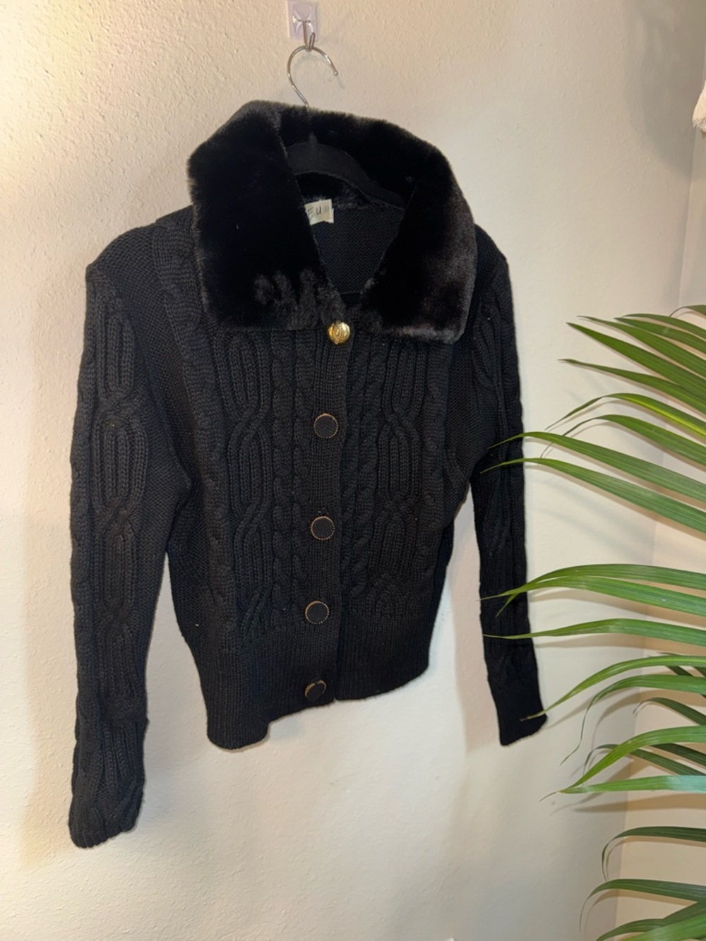 Black Cable-Knit Cardigan with Faux Fur Collar and Gold Buttons
